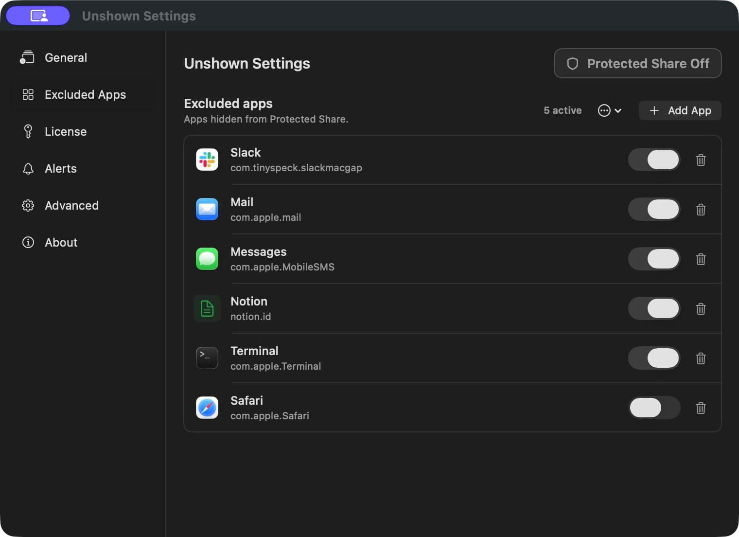 Actual Unshown Excluded Apps screen with private apps enabled
