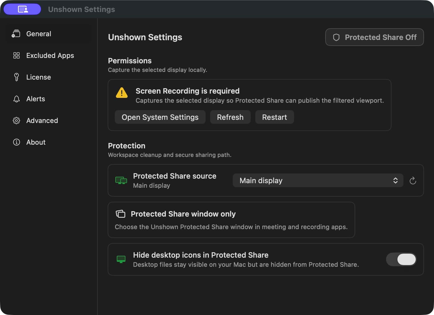Actual Unshown General screen with Protected Share controls